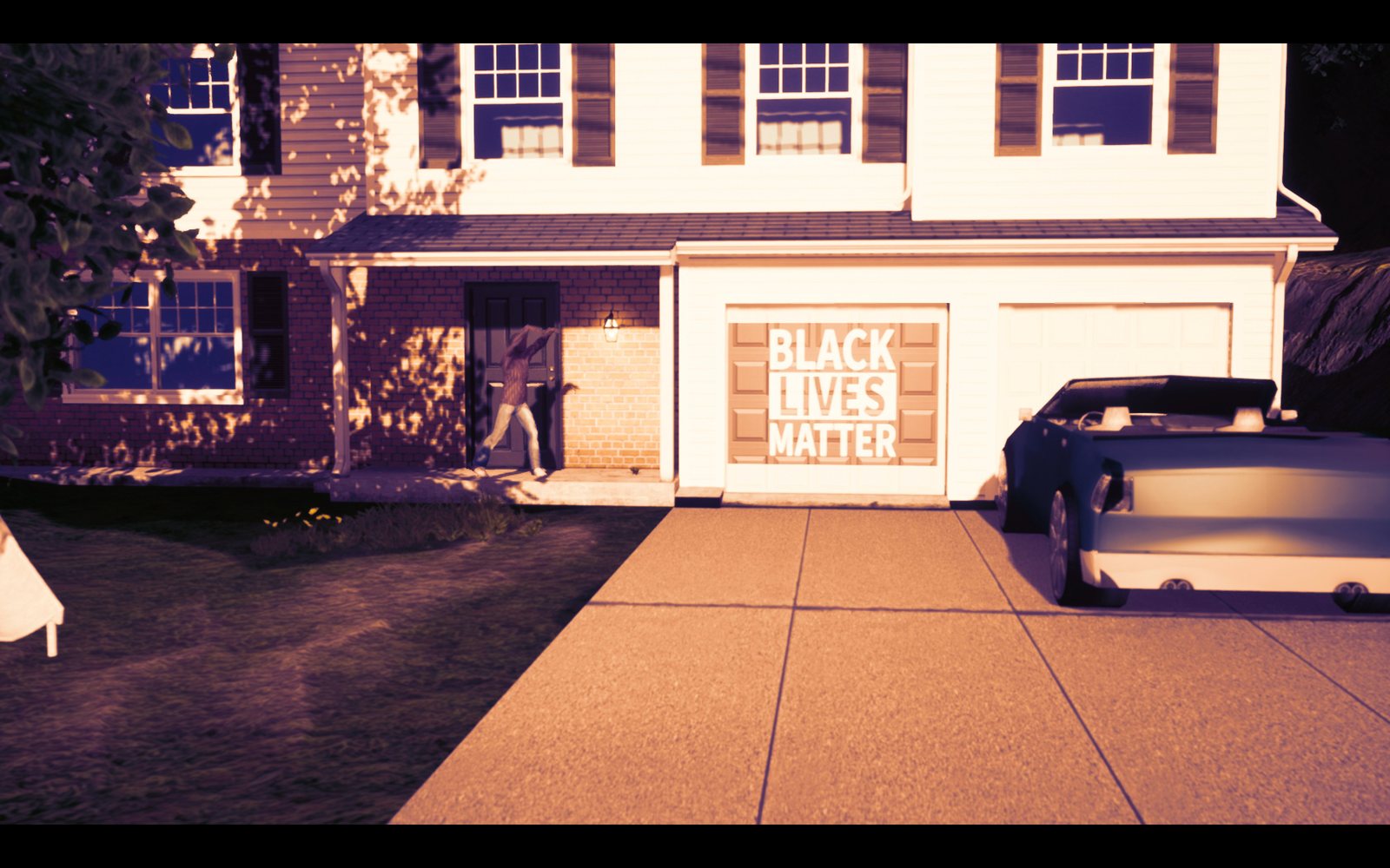 A rendered suburban house at golden hour with 'Black Lives Matter' lettering on the garage door