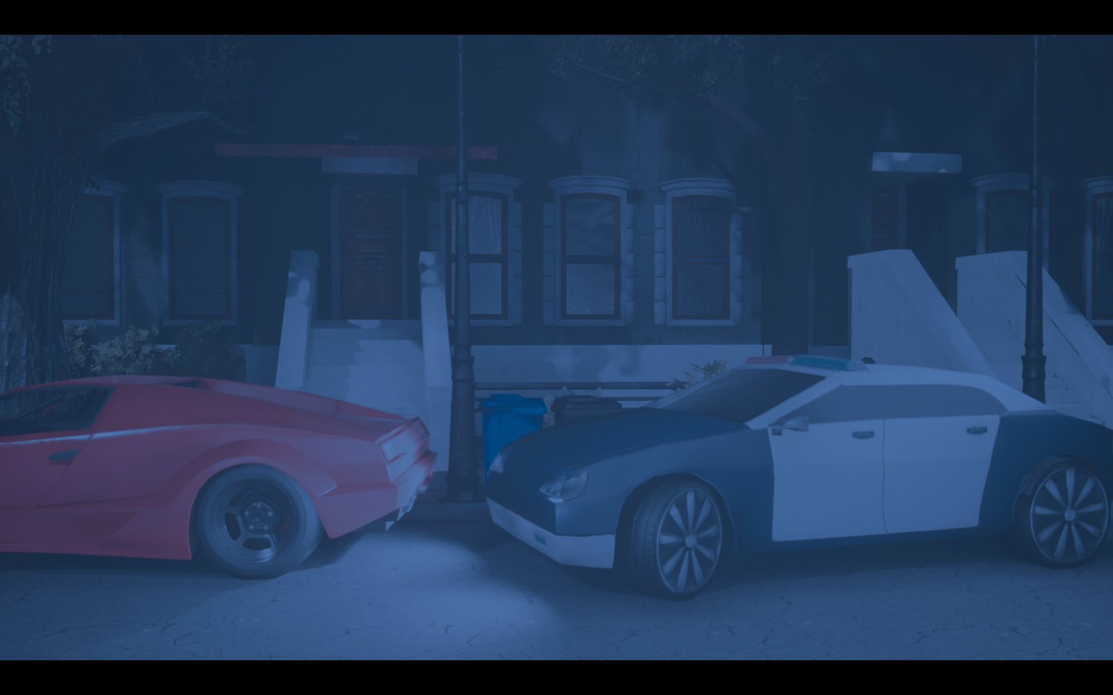 A rendered night street with a red sports car and a police car, washed in deep blue